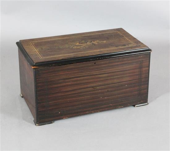 A late 19th century Swiss marquetry inlaid rosewood and simulated rosewood twelve air musical box, 25in.